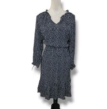 Talbots Ditsy Dot Dress XL Black & White Viscose Tie-Sleeve Smocked Waistband