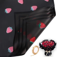 20 Sheets Bouquet Wrapping Paper, 22.4Inch Black Strawberry Pattern Flower Flora