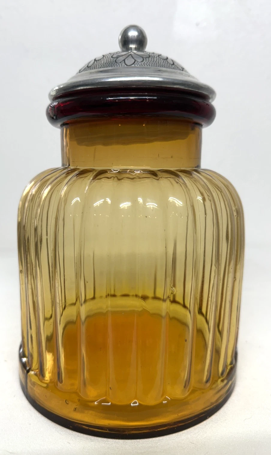 Vintage 9” Uranian Glass Amber Ribbed Glass Apothecary Jar With Metal Lid