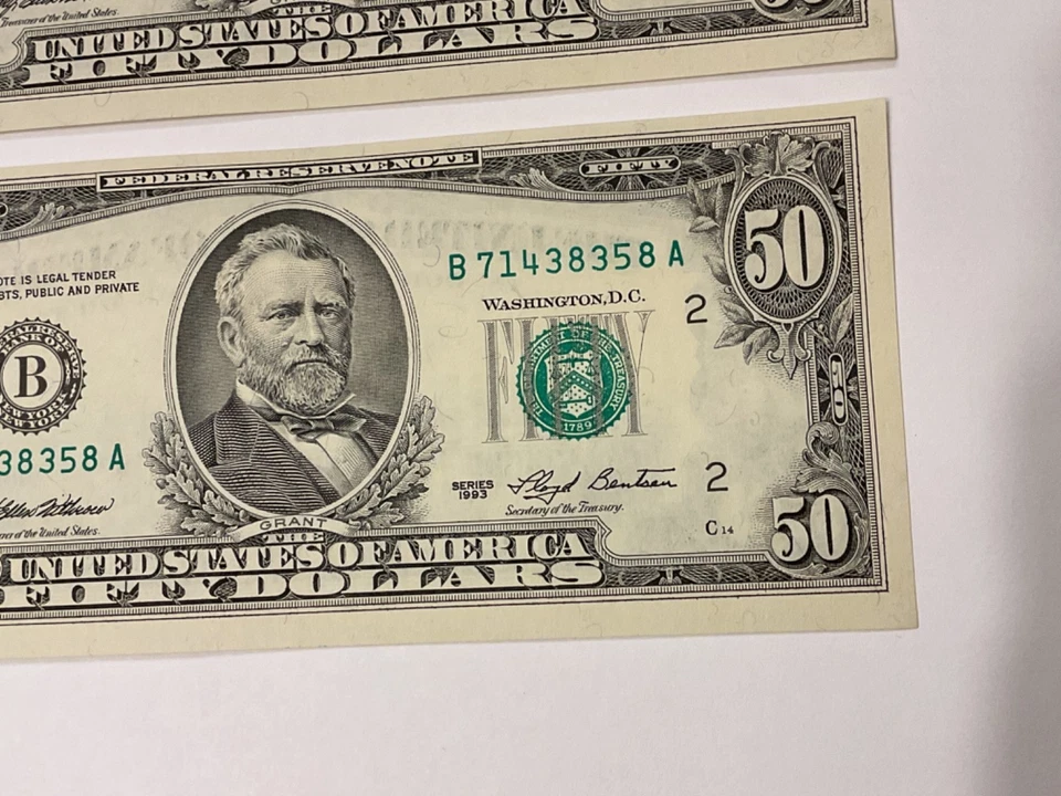 (2) Sequential Pair 1993 $50 Fifty Dollar Bills Ink Bleed EXCELLENT CONDITION - Image 2 of 4