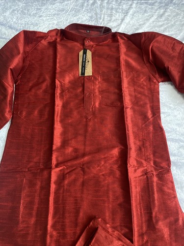 Crocon Men's Kurta Pajama Dupion Silk Indian Party Wear, Maroon, 50 Chest Size - Picture 6 of 9