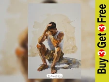 Reflective Contemplative Man Watercolor Painting Print 5"x7" on Matte Paper