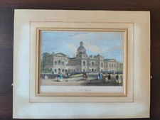  ANTIQ. ORIG. COLOUR ENGR.-THE HORSE GUARDS-FRONT FACING ST. JAMES PARK-1840CA