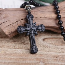 Natural Obsidian Stone Pendant Carved Cross Amulet Lucky Pendant Necklace