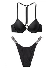 Victoria's Secret Shine Strap Fabulous Push Up Top Brazilian Swim Set Black