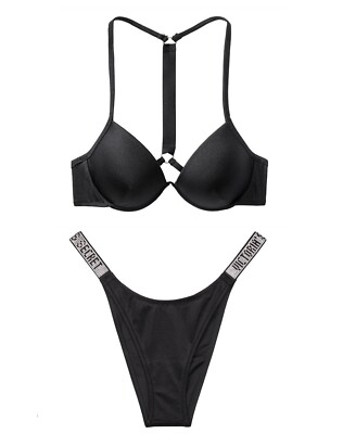 Victoria's Secret Shine Strap Fabulous Push Up Top Brazilian  Swim Set Black