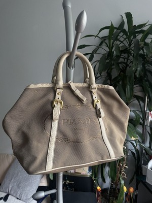 PRADA Logo Jacquard Leather 2Way Bag Hand Bag Beige