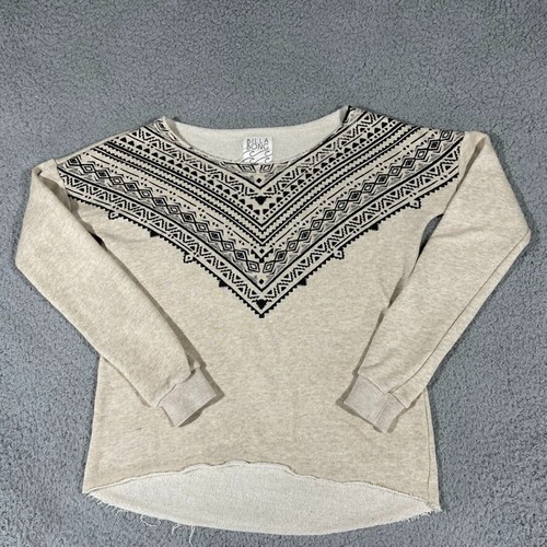 Billabong Sweater Womens Small Beige Long Sleeve Tribal Raw Hem Boat Neck Boho - Picture 1 of 17