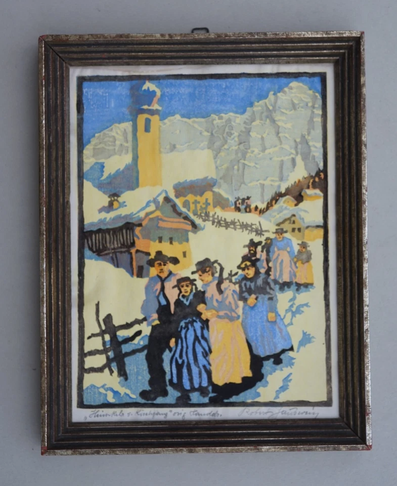 Heimkehr vom Kirchgang Robert Saurwein Farbholzschnitt Tirol Originalrahmen - Bild 4 von 4