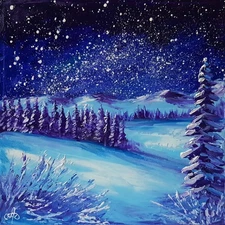 Original Oil Landscape Painting Starry Winter Mountains Snow Forest Canvas Art