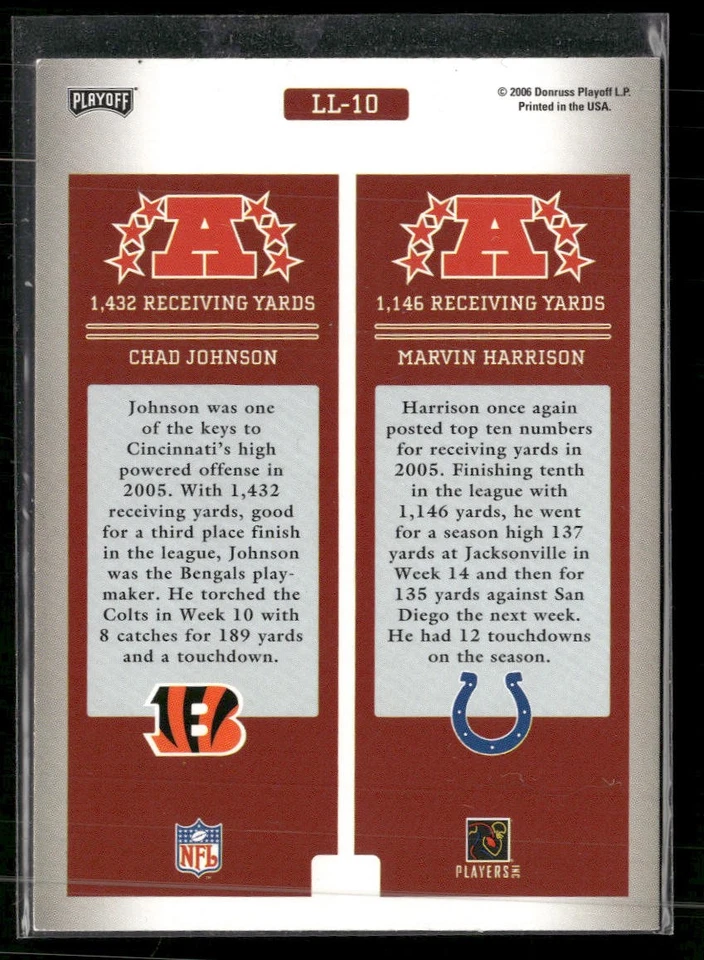 2006 Playoff Prestige #LL-10 Chad Johnson / Marvin Harrison League Leaders - Image 2 of 2