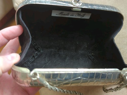 Vintage Silver Tone Crocodile Embossed Clutch Crossbody Chain Strap Purse Italy - Picture 14 of 23