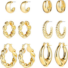 Gold Chunky Hoop Earrings Set for Women, 14K Gold Plated Twisted Huggie Hoop Ear