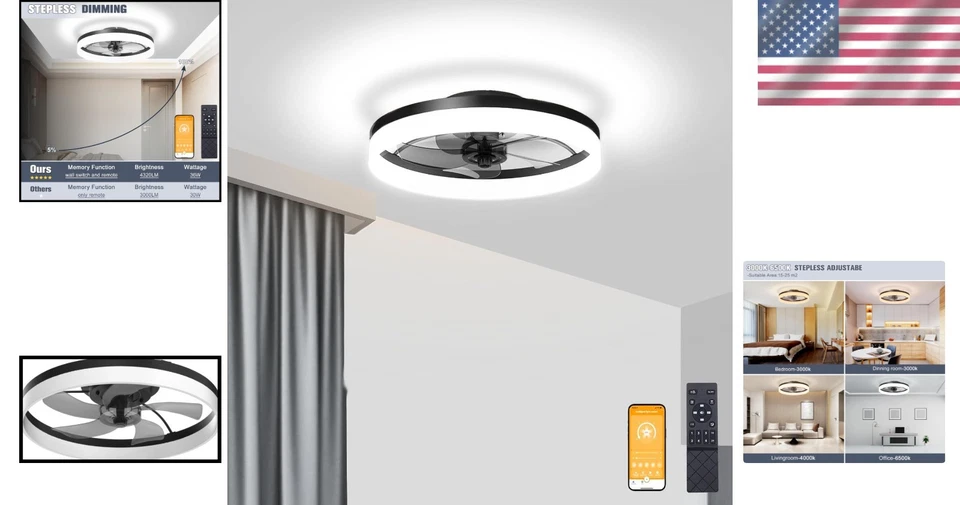 Black Bladeless LED Ceiling Fan Light, Remote Control - Image 2 of 4