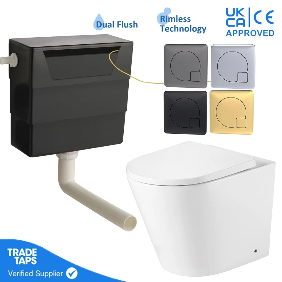 TRADETAPS Rimless Back to Wall Toilet BTW Soft Close WC Pan Concealed Cistern Flush Button