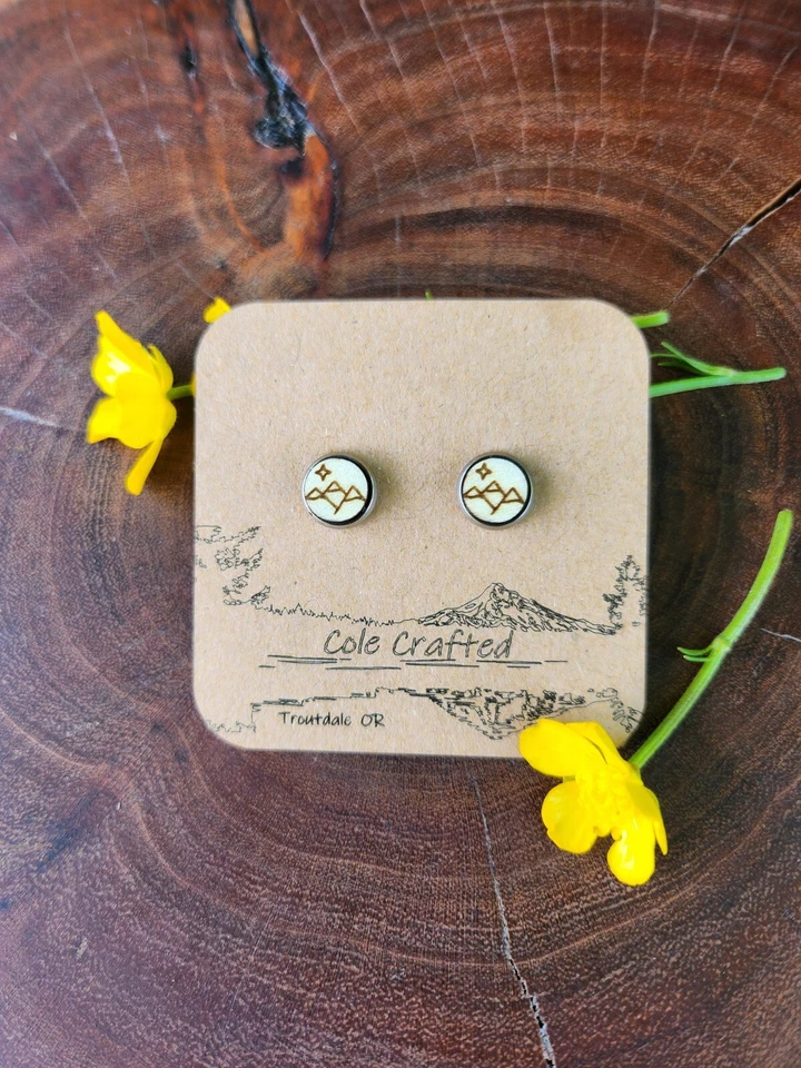 Conjunto de 3 pendientes estrella montaña madera hechos a mano bisel de 8 mm escénico monte joyería hermanas Foto 3 de 4