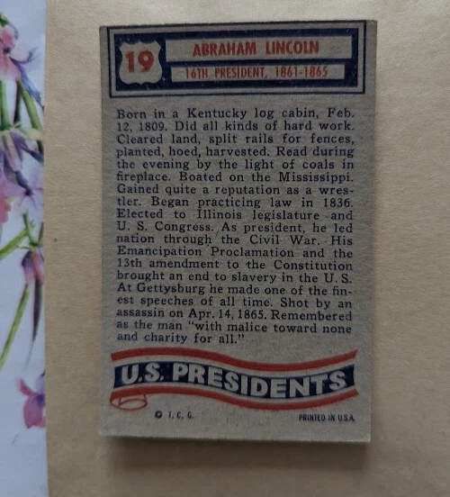 1956 Topps Us Presidents Set  # 19 Abraham Lincoln vg CONDITION - Image 2 of 3