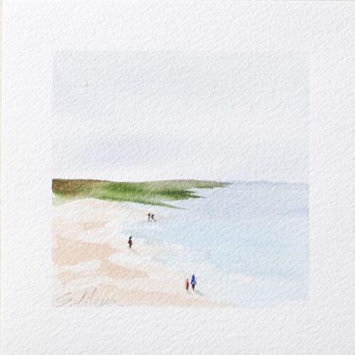 Watercolor Painting Seascape People Walking the Beach Morning Tide 5x5" Signed