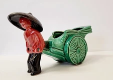 Vtg Rickshaw Planter MCM Man Pulling Cart Asian 
