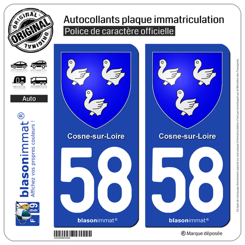 2 Autocollants plaque immatriculation auto : 58 Cosne-sur-Loire - Armoiries - Picture 1 of 1
