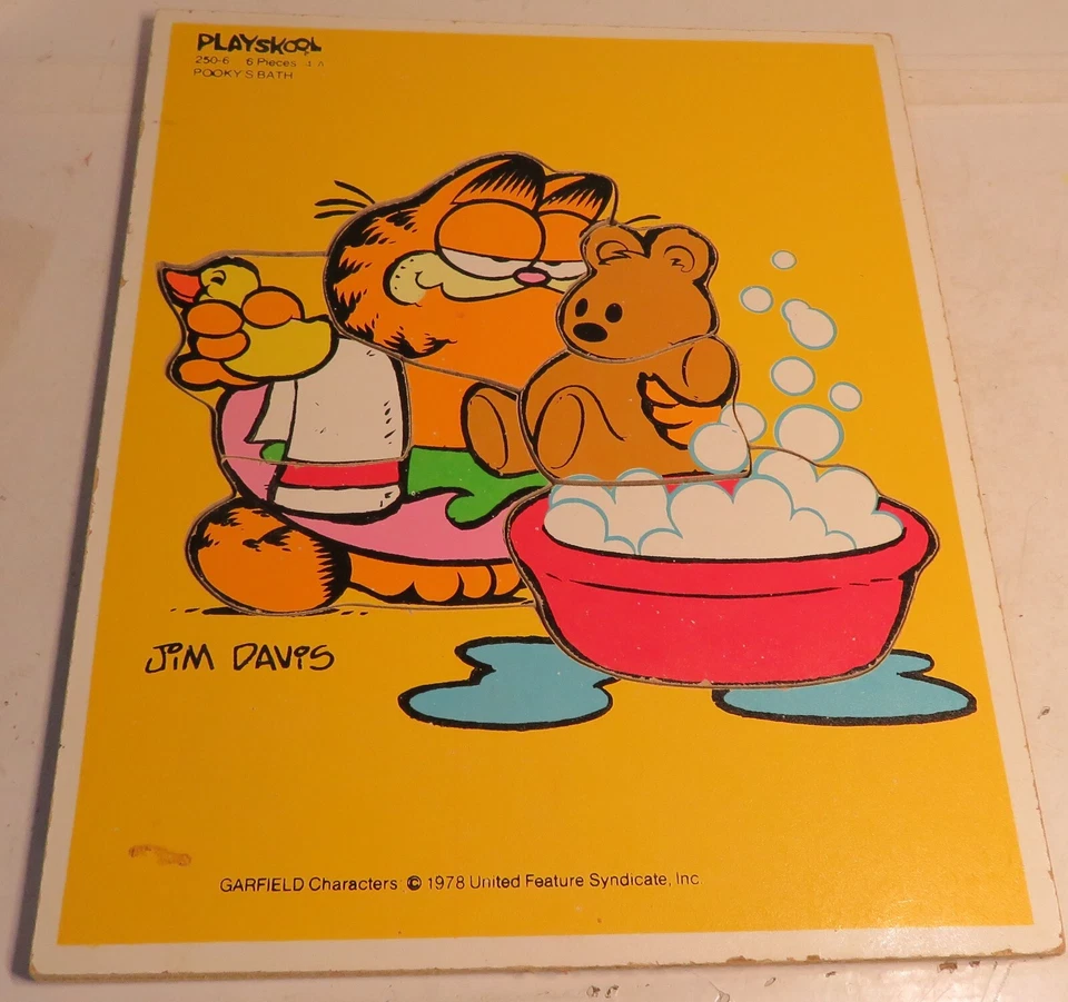 Vintage 1978 Garfield Pooky's Bath 6 Piece Wooden Tray Puzzle Playskool Complete - Image 2 of 4