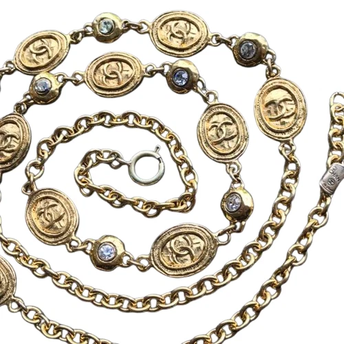 Collana lunga Chanel Coco Mark ciondolo pietra moneta oro chiaro 36 6 pollici vintage