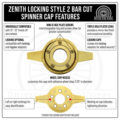 Gold KO Spinner Caps with Zenith Gold Lowrider Wire Wheel Chip Emblems, Set of 4 - Picture 45 of 60