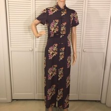 Harari 100 Silk Mandarin Collar Maxi Long Purple Button Knots Cheongsam Dress L