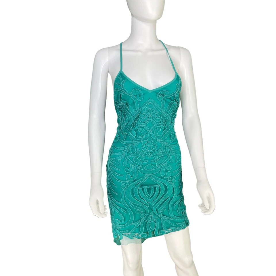 Party Formal Short Spaghetti Strap Prom Green Beaded Embroidery Dress Sz Medium - Image 4 of 4