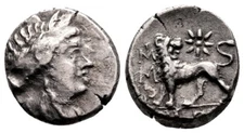 *AET* MILETOS (Ionia) AR Hemidrachm. VF+/EF-. Ca. 225-190 BC. Lion.