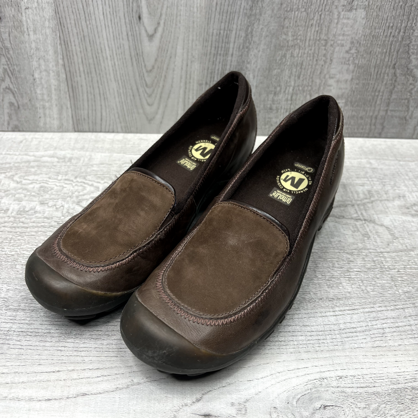 Sella Merrell Ortholite taglia 7 scamosciata e pelle Plaza Spree castagno slip on