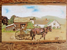 vtg Original Wood Burning painting Art Piece - Farmstead w/ Horse Buggie 