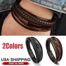 Men Jewelry Black Braided Leather Bracelet Multi-Layer Stainless Steel Clasp US