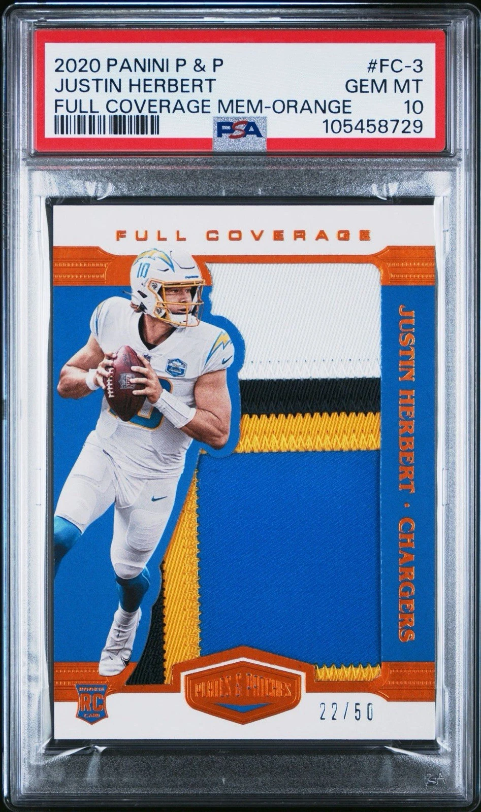 Justin Herbert Panini Plates & Patches Full Coverage Memorabilia #FC3 Orange