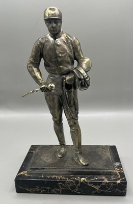 German Bronze Spelter Sculpture Circa  20s- 50s Jockey holding Saddle On Marble