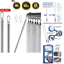 Curtain Pull Wand Drapery Rod 2 Pack Adjustable Stainless Steel Silver
