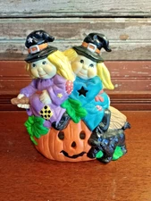 Halloween 2 Witches Black Cat Candle Votive Tealight Holder Ceramic Hand Painted