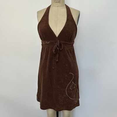 Baby Phat Brown terry cloth halter dress with gold cat outline
