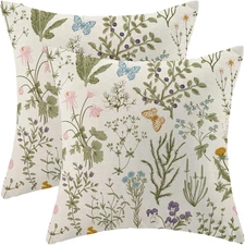 Spring Pillow Covers 20x20 Inch Set of 2,Sage Green Wild Flower Plant Throw Pill