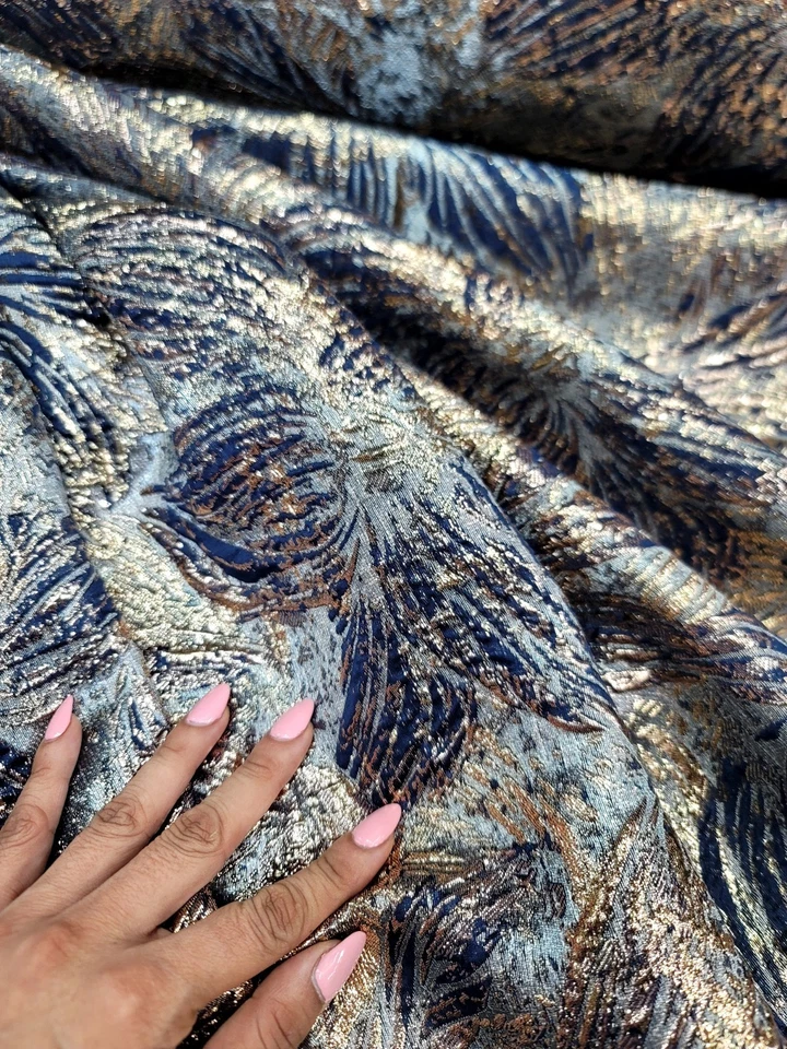 Midnight Blue Gold Floral Jacquard Brocade Fabric Sold By The Yard For Dress Pro - Image 3 of 4