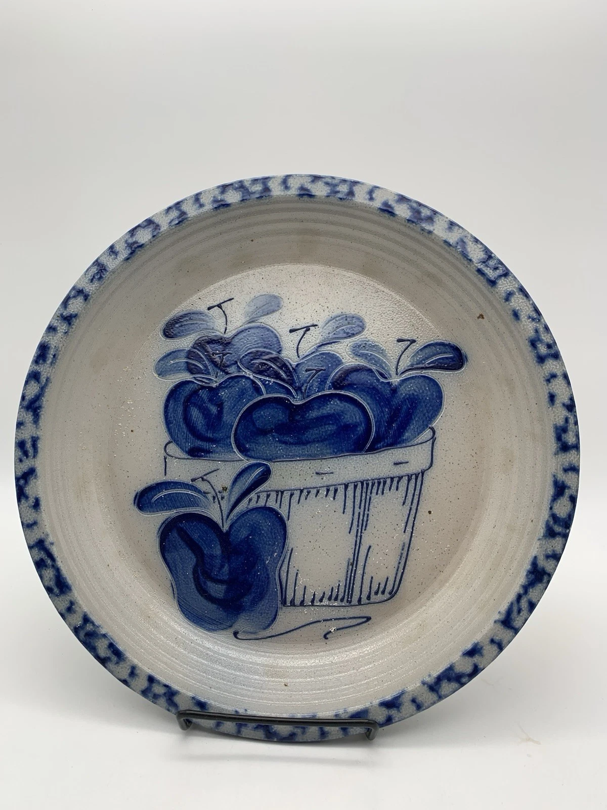 Eldreth Pottery Cobalt Blue Salt Glaze Apple Basket Dish Pie Plate 11 in. Signed
