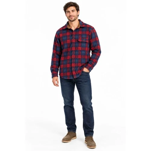 Venado Men's Large Red Navy Plaid Fleece Flannel Shirt Jacket Corduroy Collar - product listing photo