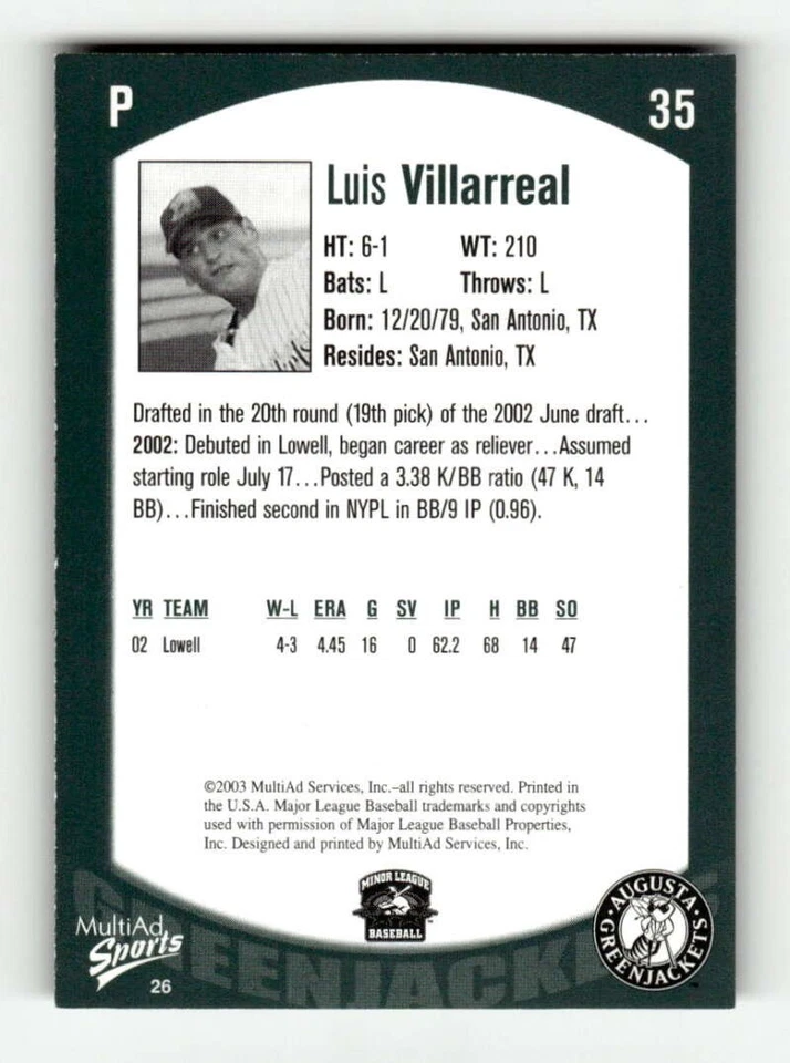 2003 Multi-Ad Augusta Greenjackets #26 Luis Villarreal NM-MT BXCP02 - Image 2 of 2