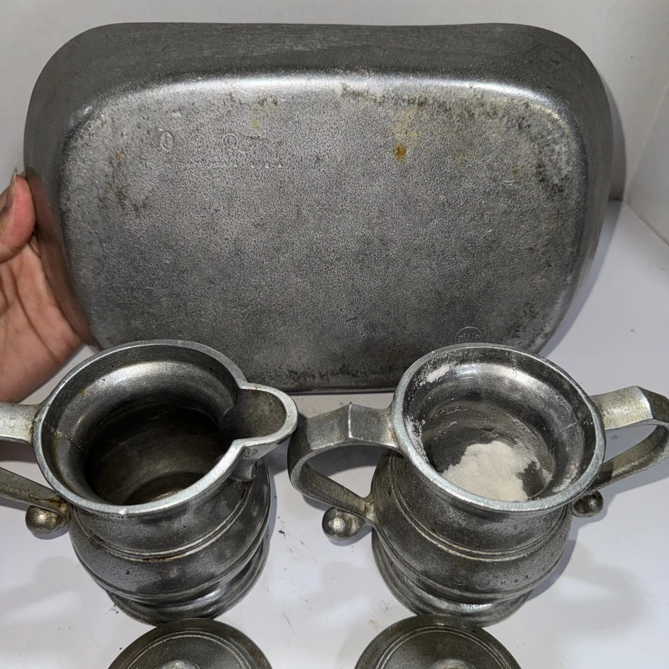 Wilton Armetale RWP Pewter Creamer & Sugar Set w Lids Rustic Bottom Carry Plate - Image 3 of 4