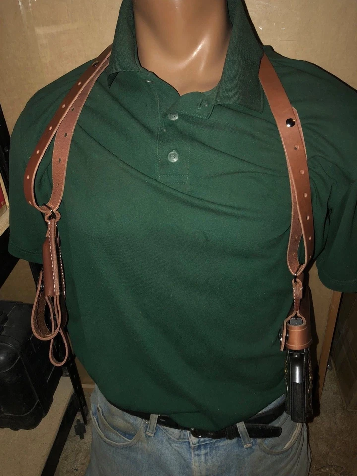 Leather Shoulder Holster & Dual Magazine Pouch Horizontal Fits Glock 19 & 23 USA - Image 2 of 4