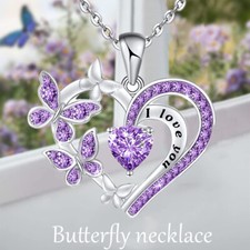 Fashion Love Heart Butterfly Gem Necklace Purple Crystal Butterfly pendant new