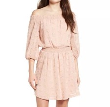 ASTR the Label Off the Shoulder Eyelet PeasantMini Dress Blush Pink Large