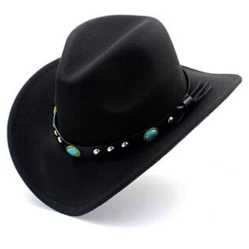 Black Western Cowboy , Cowgirl Hat , Strap , Men Women Retro Wide Brim US