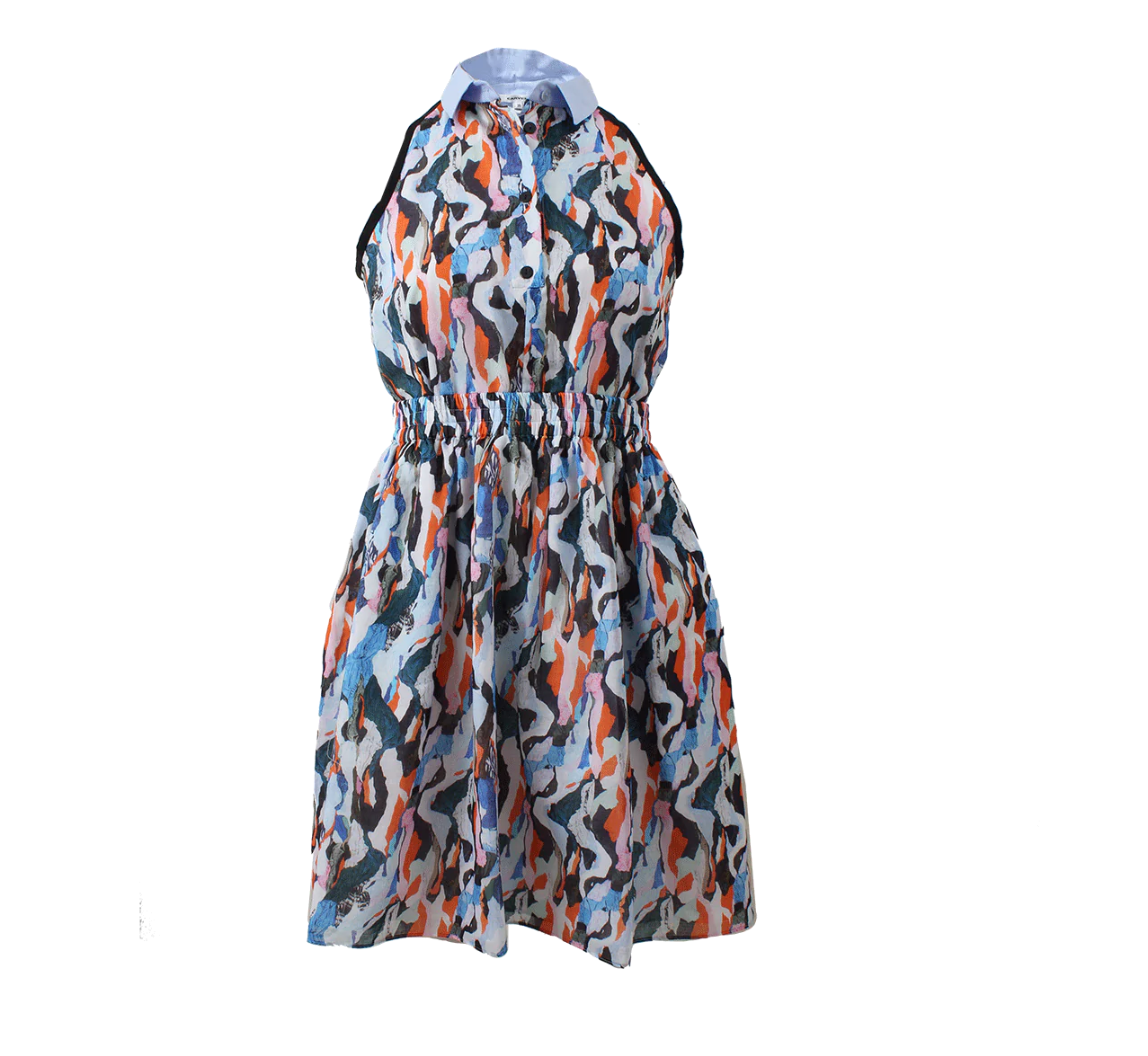 carven shirt dress Carven Printed Shirt Dress Womens 42 Small Blue Orange Sleeveless Fit &  Flare