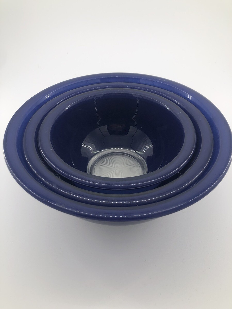 Vintage Pyrex Navy Blue Clear Bottoms 3 Mixing Bowls Nesting 322